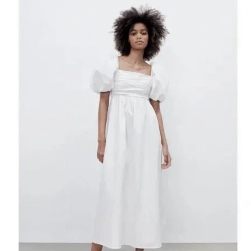 Zara NWT white puff sleeve cotton dress full-length
